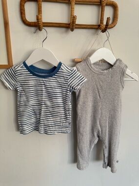 Honest Baby - Organic 3-6m ribbed overalls with blue/white striped undershirt